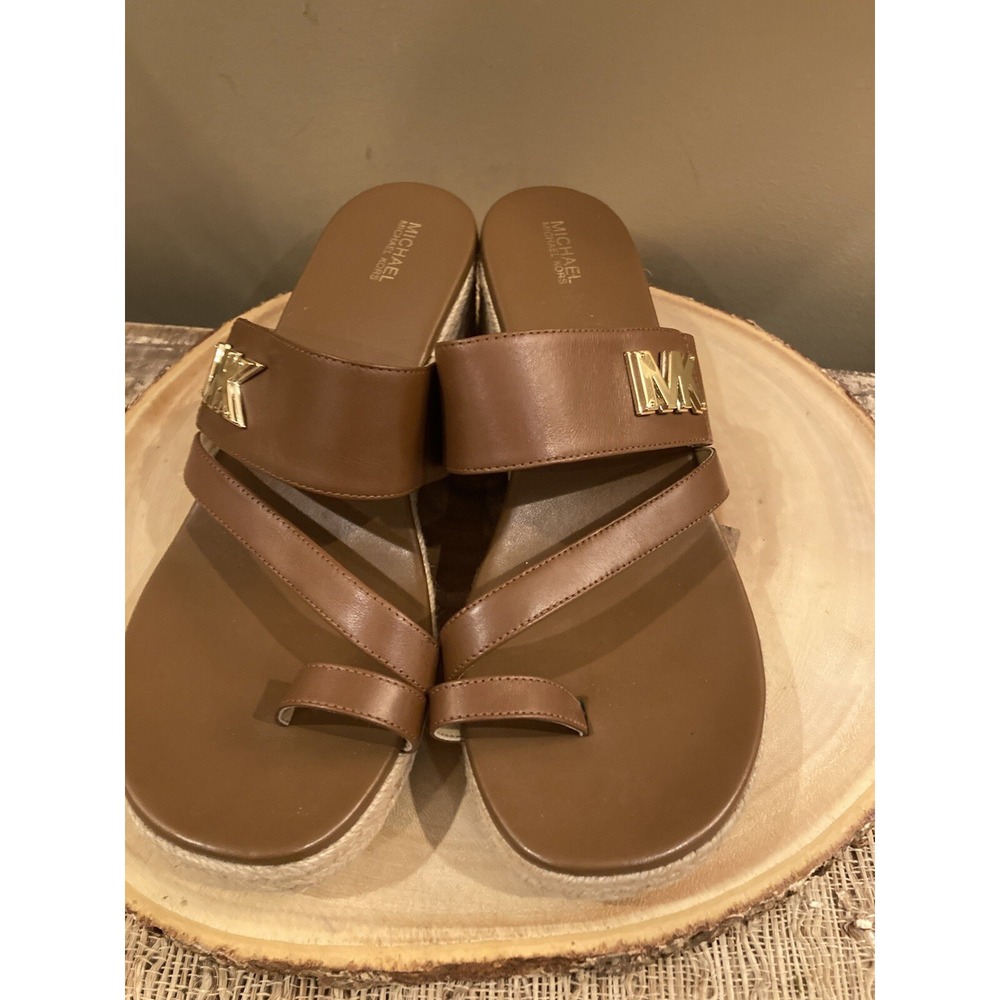 Michael Kors Women's Sidney Leather Espadrille Wedges Sandals Luggage Sz-10 - Picture 6 of 9